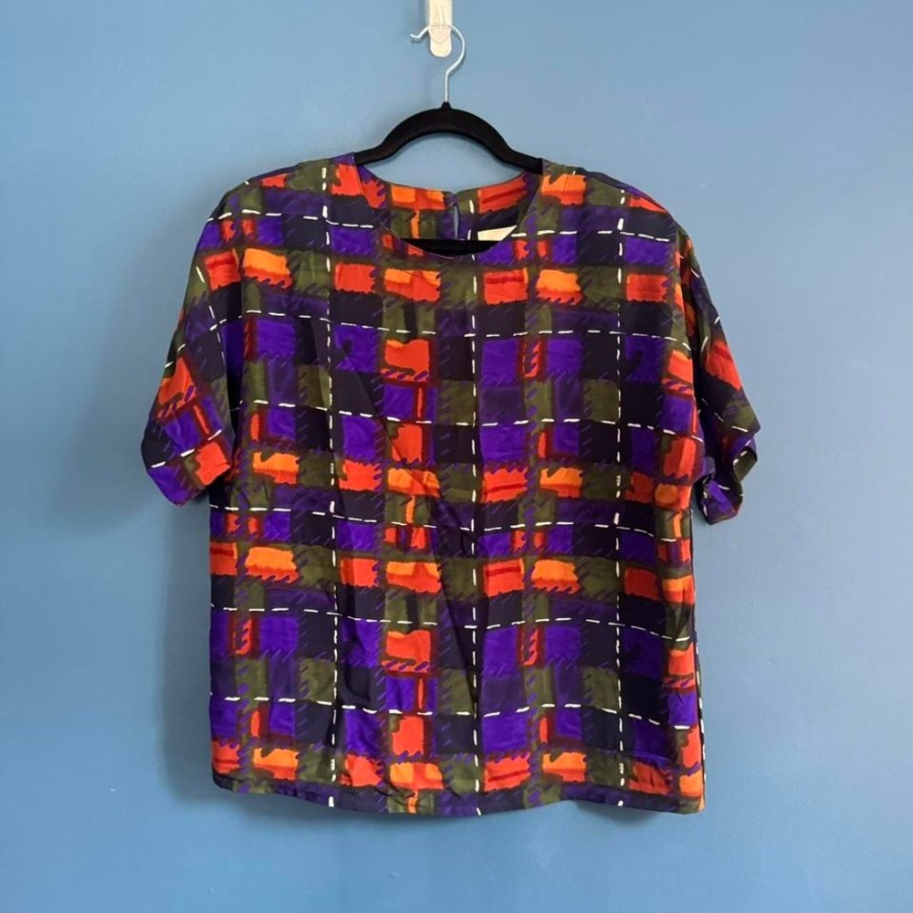 Vintage 80s Blouse Women's Size Large‎ Che Studio Purple Orange Retro Plaid